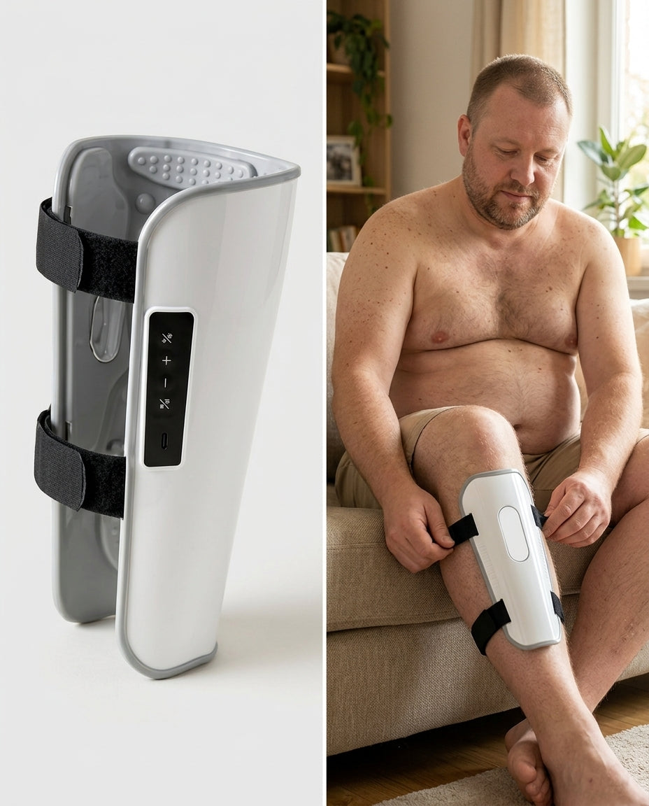 The CLENVOX Calf Therapy Sleeve out of the box beside the narrator applying it to the back of the calf