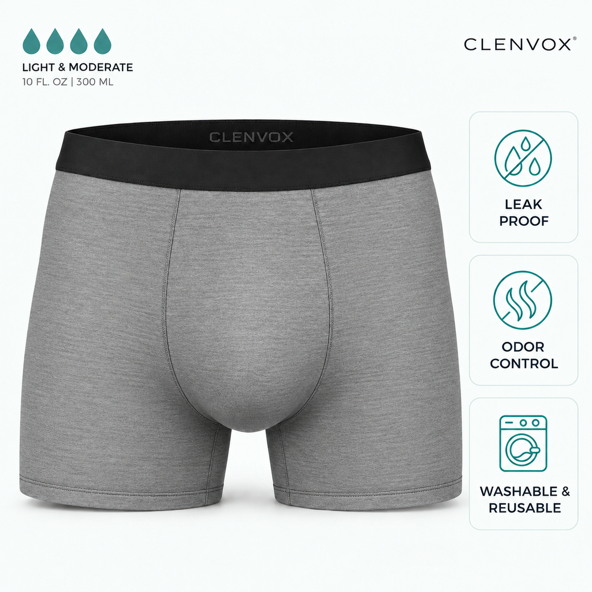 Clenvox™ Men’s Ultra-Absorbent Incontinence Boxer Brief