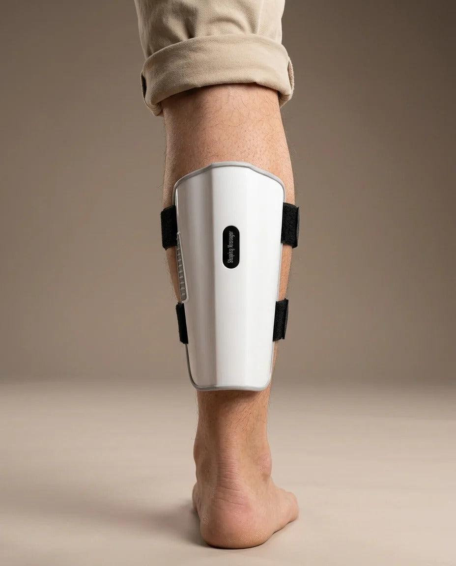 CLENVOX Calf Therapy Sleeve worn on the back of the calf while relaxing on the couch
