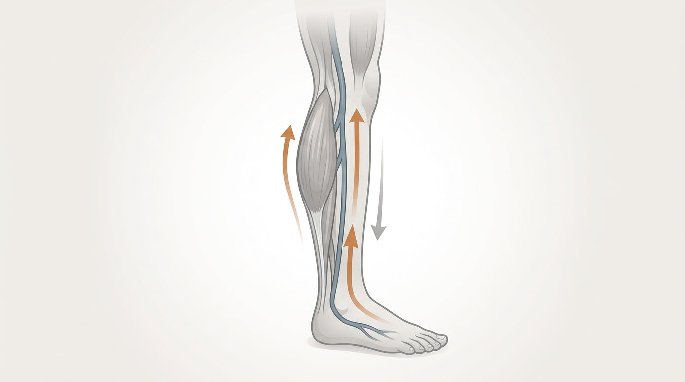 Diagram showing fluid pooling at the ankle when the calf pump is idle, versus the calf pump contracting to push fluid back up