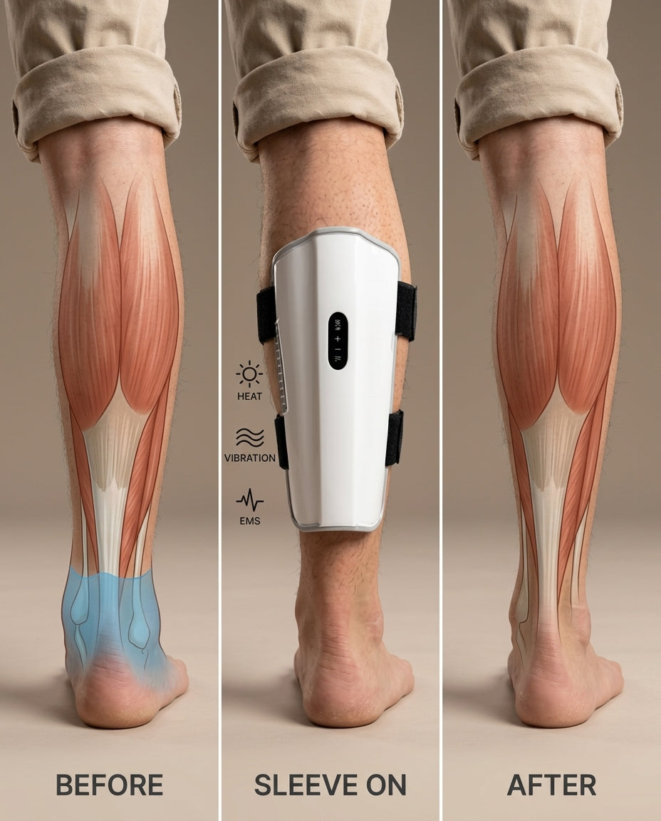 Three-panel diagram: fluid settling before, the CLENVOX sleeve active with Heat, Vibration and EMS, and the leg drained after