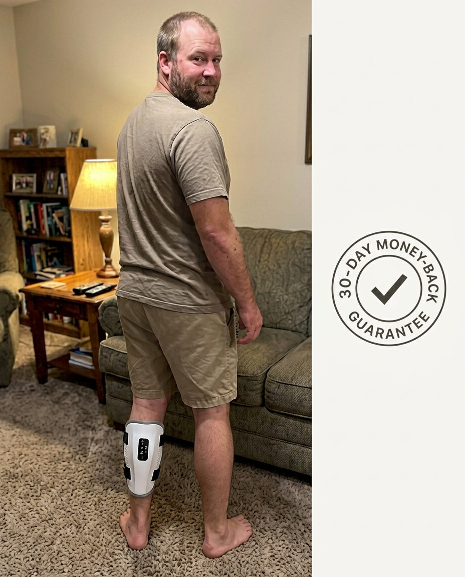 The narrator relaxed on the couch with the sleeve on, beside a 60-day money-back guarantee seal